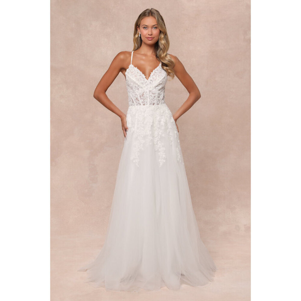 Lulus Glorious Luxury White Sheer Tulle Embroidered Beaded Maxi Dress - Size S